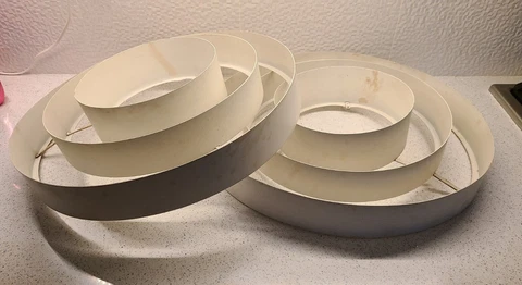 Vintage Art Deco / MCM Pair of Metal Saturn Concentric Ring Pendant Light Shades Cover