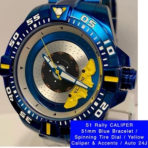51mm Auto Spinning Tire CALIPER Dial Blue Bracelet S1 RALLY Invicta Mens Watch - Picture 1 of 12