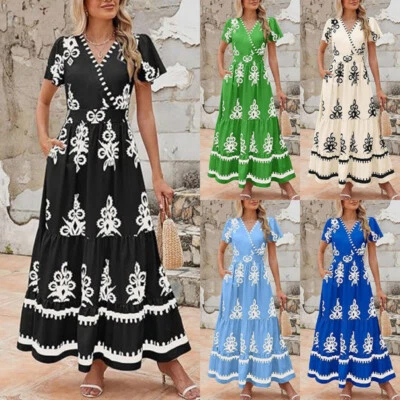 Ladies Summer Short Sleeve V-Neck Maxi Dress Floal Print Swing Long Dresses Size