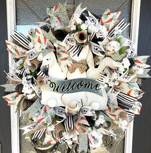 Welcome Bunny Farmhouse Easter Spring Carrot Deco Mesh Front Door Wreath Decor - Picture 1 of 6