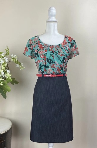 Tg. Abito tubino 10 ALYX denim floreale MATITA con cintura svolazzante manica corta