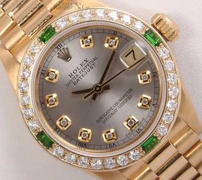 Rolex Datejust 26mm President Yellow Gold Diamond Emerald Bezel Silver Diamond - Image 1 of 4