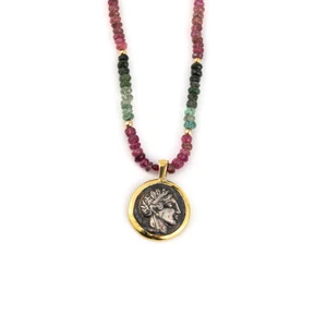 Athena Göttin Halskette in 14K Gold & Sterlingsilber mit Turmalinen, antik - Bild 1 von 6