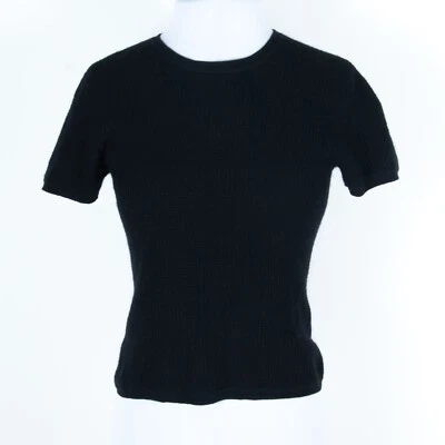 Neiman Marcus Cashmere Short Sleeve Crew Neck Sweater Waffle-Knit Black Petite L - Image 1 of 4