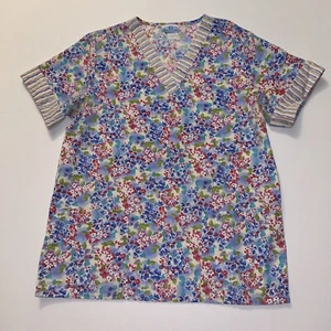 S Nurse V Neck SB Scrubs Top CUTE Floral & Stripes 2 Pockets EUC Spring Summer - Picture 1 of 12