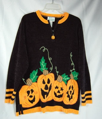 Quacker Factory Halloween Chenille Pumpkin Jack-O-Lantern 1/4 Zip Sweater Size L - Image 1 of 3