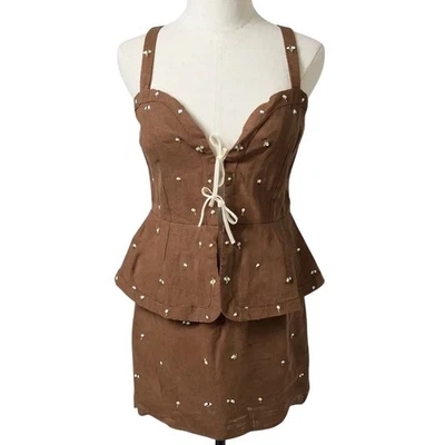 Fanm Mon XL Floral Embroidered Peplum Mini Dress Brown Sleeveless - Image 1 of 4