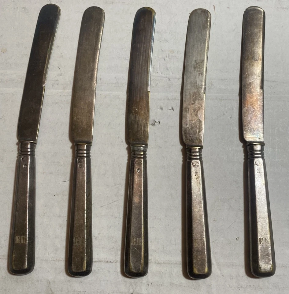 5 件古董俄罗斯帝国纯银晚餐刀 8 英寸“ВП”加盖“N”385 克 — 第 1/4 张图片