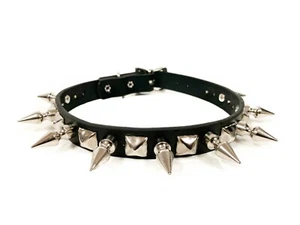 Spike Stud Punk Gothic Choker Black Real Leather Snap Choker Collar Necklace - Picture 1 of 4