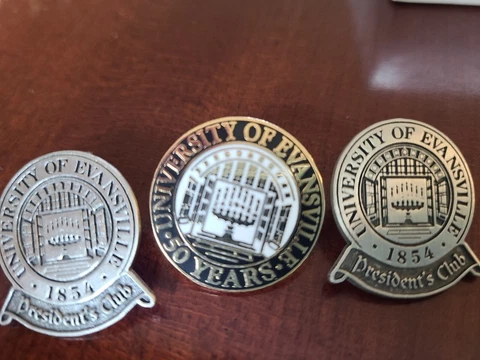 3 Vintage University of Evansville 1854 2 President Club and 1 50 year Lapel Pin Cover