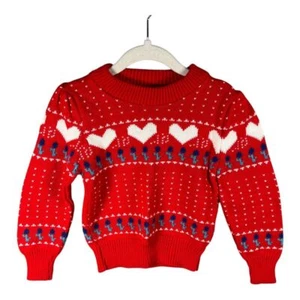 VTG Rags Knitwear LTD Heart Sweater Size 2T Knit Pullover Red Blue - Picture 1 of 8