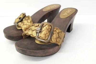 MIA Oro Tejido Cuero Genuino Madera Talla 8 7.5 Tacón Plataforma Tacones Estilo Años 70 Foto 1 de 4