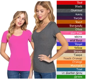 (ACTIVE BASIC) Sexy Scoop Neck Short Sleeve T Shirt Stretch Cotton Tee (S-2X) - Picture 1 of 30
