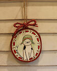 OOAK Handpainted Kitty Cat With Snow Hat Fish Wood Slice Christmas Ornament