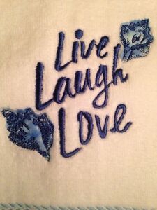 Sonoma Life & Style Bathroom Hand Towel; "Live Laugh Love" Seashells, Blu & Wht 