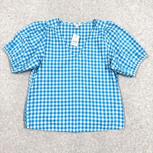 J Crew Top Womens XS Cotton V Neck Puff Sleeve Gingham Check Oversized Blue NWT - Picture 1 of 12