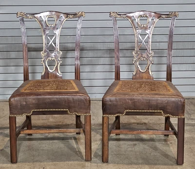 Pair of Maitland Smith Chippendale Mahogany Side Chairs Leather Upholstery - Image 1 of 4