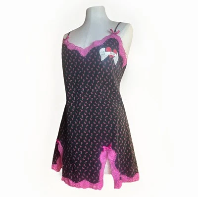 Vestido XOXO Vintage Para Mujer Mediano/Grande Vestido Sin Mangas Encaje Rosa Íntimo Negro Y2K Foto 1 de 4