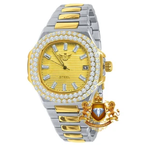 Men's Solid Steel 18K 2 Tone Gold Finish Simulated Diamond 36 mm Watch W/Date - Picture 1 of 7