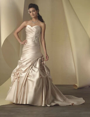 Alfred Angelo 14 A-Line Wedding Gown Dress Ruching Strapless Ivory Satin 2453 - Image 1 of 4