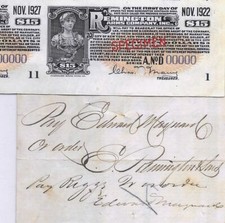 1-OF-A-KIND REMINGTON FIREARMS LOT! ELIPHALET AUTOGRAPH, 1922 SPECIMEN BOND COUP