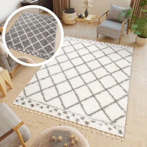 Alfombra de salón de flor larga moderna flecos a cuadros crema gris suave peluda - Imagen 1 de 21