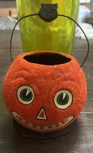 Paper Mach Orange Glittered Jack O Lantern Pumpkin W/Handle Small - Picture 1 of 8