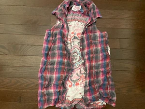 Girl's Justice Sleeveless Plaid Front Button Down Shirt, Floral Back Size 14 - Picture 1 of 3
