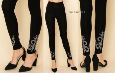 Nuevo VOCAL Mujer CRISTAL EMBELLECIDO SUAVE NEGRO ELÁSTICO LEGGINGS PANTALONES S M L XL Foto 1 de 4