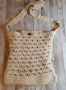 Macrame Handmade Crochet Boho Retro Purse Tote Bag Ivory Cream Plaid Interior - Bild 1 von 9
