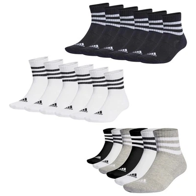 Adidas Unisex Quarter Socks, 6-Pack - 3-Stripes Cushioned Sportswear Mid-Cut - Image 1 of 4
