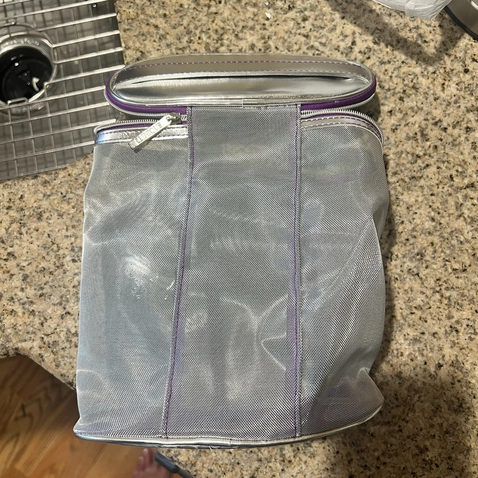 Винтажная дорожная сумка Clinique Signature серебристая/фиолетовая сетка косметический макияж 8 дюймов x 8 дюймов - Изображение 1 из 4