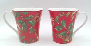 222 Fifth Set of 2 Christmas Foliage Pattern Holly & Berry Coffee Mugs - Picture 1 of 8