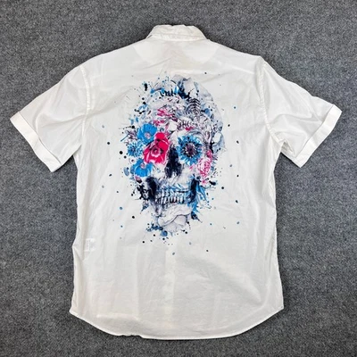 Camisa Robert Graham Para Hombres L Blanca Floral Calavera Arte Manga Corta Abotonada Foto 1 de 4