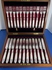 12 BOXED ANTIQUE VICTORIAN SILVER PLATED MOTHER OF PEARL TABLE / FRUIT CUTLERY