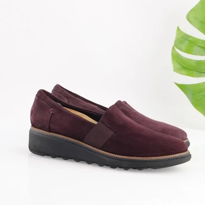 Clarks Womens Sharon Dolly Loafer Size 8.5 Burgundy Suede Slip-On Shoe Low Wedge - Image 1 of 4