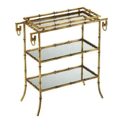 Gold Iron Bamboo Tray Table Mirrored 3 Tier Bar Chinese Chippendale Cyan Design  - Image 1 of 4