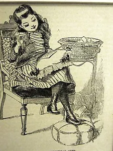 Bambino CUCENDO un CUSCINO come REGALO DI NATALE 1885 antica incisione stampa artistica opaca - Foto 1 di 5