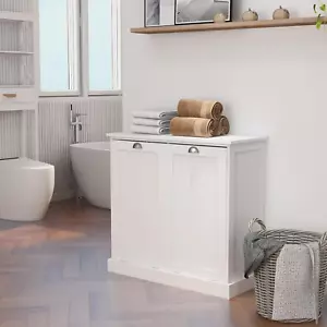 Double Tilt Out Trash Cabinet White Free Standing Laundry Sorter Cabinet with Re - Picture 1 of 7