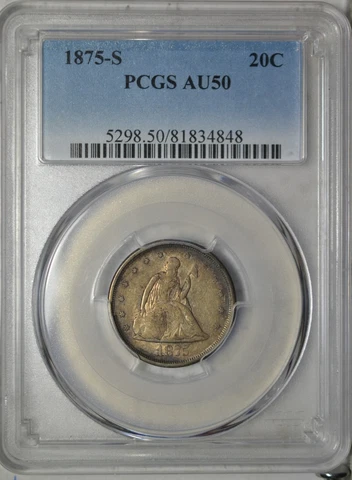 1875 S 20 cent, PCGS AU50, nicely toned..........Type Coin Company Cover