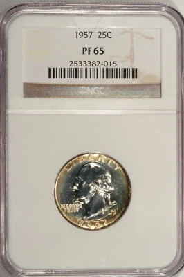1957-P WASHINGTON QUARTER / MIRROR PROOF WITH LIGHT NATURAL TONING / NGC PF65 - Image 1 of 2