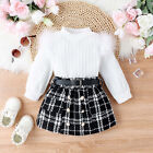 Toddler Girls Long Sleeve Solid Ribbed Tops Plaid Prints Skirts Two Outfits