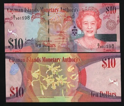 Cayman Islands 10 DOLLARS P-40 2010 Low Serial # UNC D/1 Queen Crab Money NOTE - Image 1 of 3