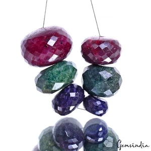647 Ct/6 Pc Natural Ruby Emerald Sapphire Round Cut Loose Drilled Gemstone Beads - Picture 1 of 5