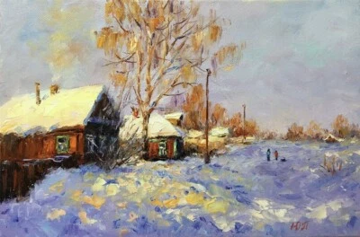 Pintura al óleo original arte nieve invierno pueblo paisaje sobre lienzo 8x12 pulgadas Foto 1 de 4