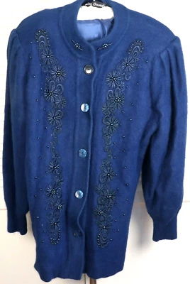 Lee Sands Angora Bordado Perla 31 1/2" Largo Abrigo Suéter Grande Azul Oscuro Foto 1 de 4