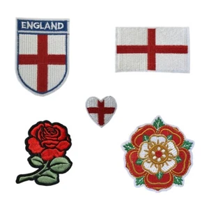 5er Set England Stickerei Patch Aufbügeln oder Aufnähen englische Flagge Herz Rose Team - Bild 1 von 6