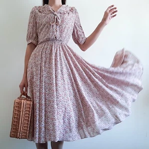 70s Cottagecore Pink Floral Dress Circle Skirt Dress Womens Size M - Picture 1 of 17