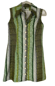 Vestido geométrico vintage años 70 Yoshima sin mangas para mujer pequeño verde amarillo 05 - Imagen 1 de 6