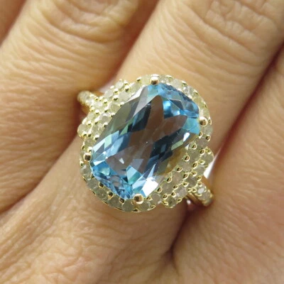 Anillo DSMK de plata de ley 925 enchapado en oro diamante real y topacio azul talla 6,75 Foto 1 de 4